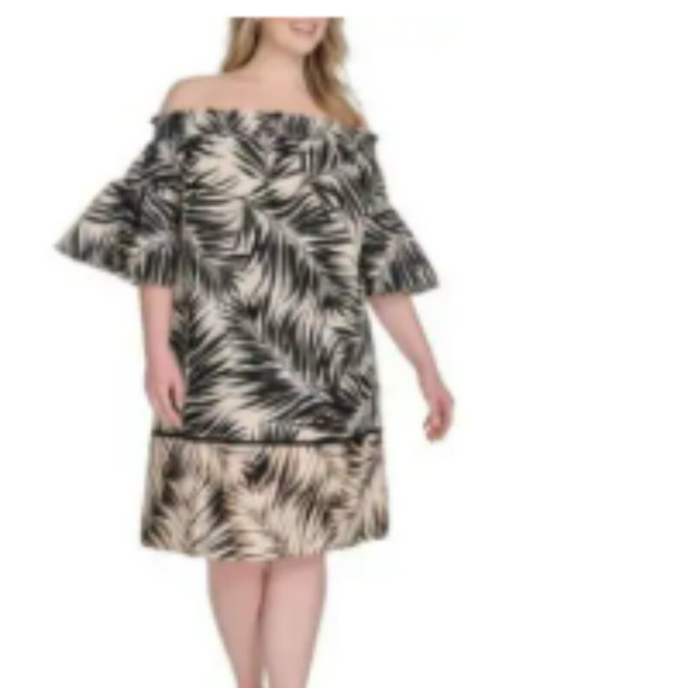 Vince Camuto Plus Size Leaf Printed Poplin Off-The-Shoulder Short Sleeve Shift